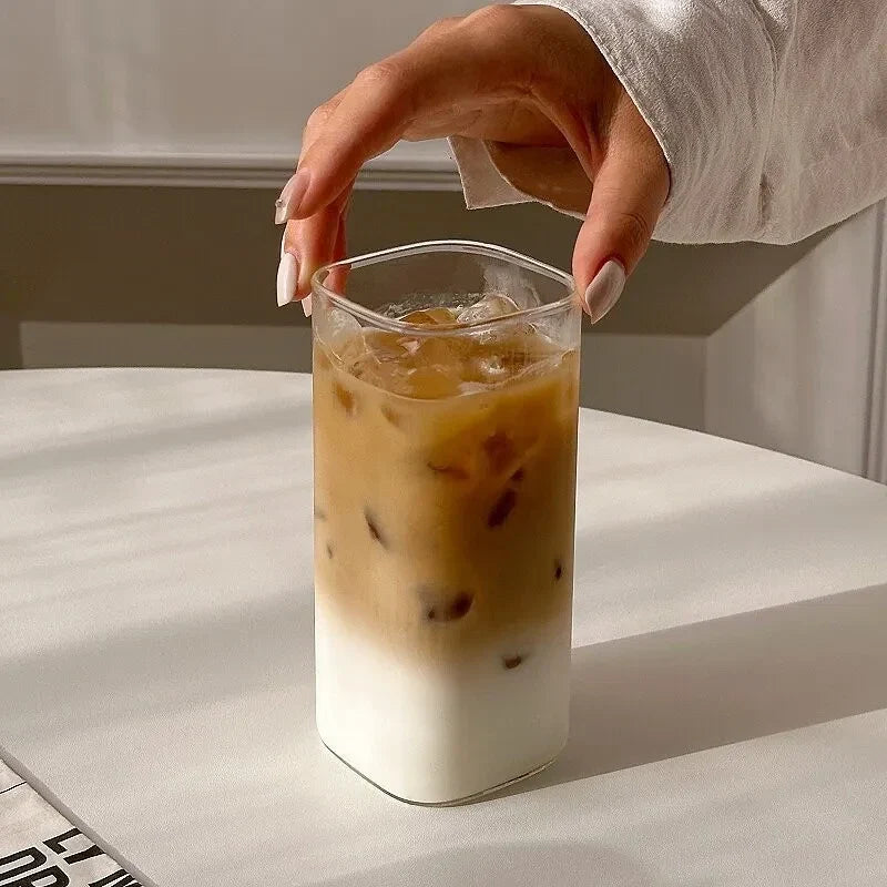 Minimalist Square Glass Cup, Household Transparent Drinking Cup Summer Juice Cup Cold Beverage Cup Instagram-Style Milk Cup Gift