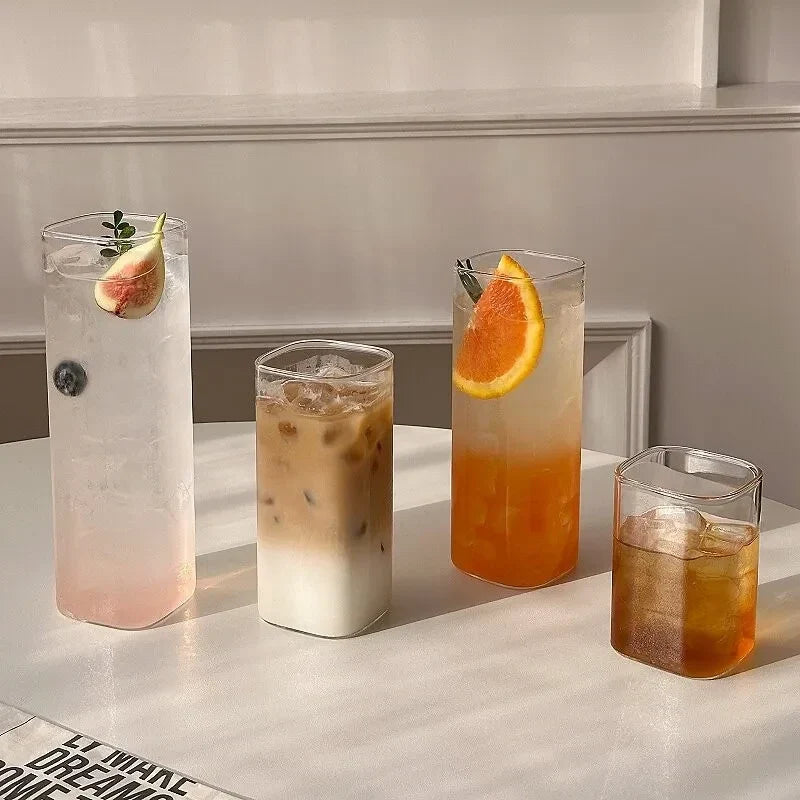 Minimalist Square Glass Cup, Household Transparent Drinking Cup Summer Juice Cup Cold Beverage Cup Instagram-Style Milk Cup Gift