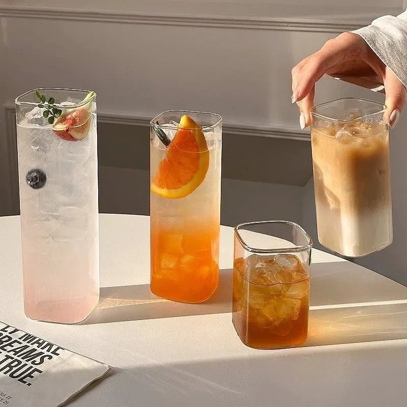 Minimalist Square Glass Cup, Household Transparent Drinking Cup Summer Juice Cup Cold Beverage Cup Instagram-Style Milk Cup Gift